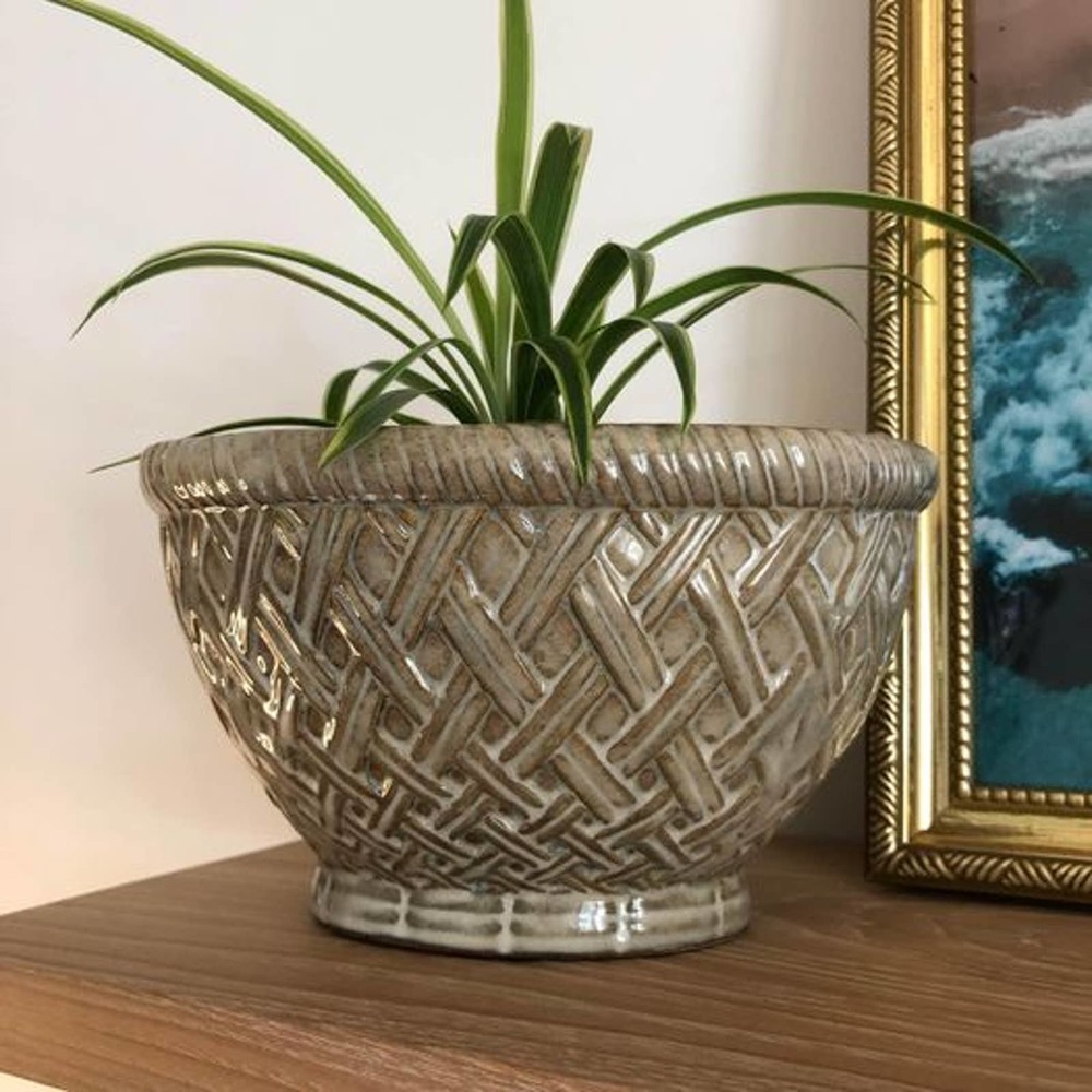 Glazed Pottery Basket Weave Design Bowl - Basket weave bowl or planter